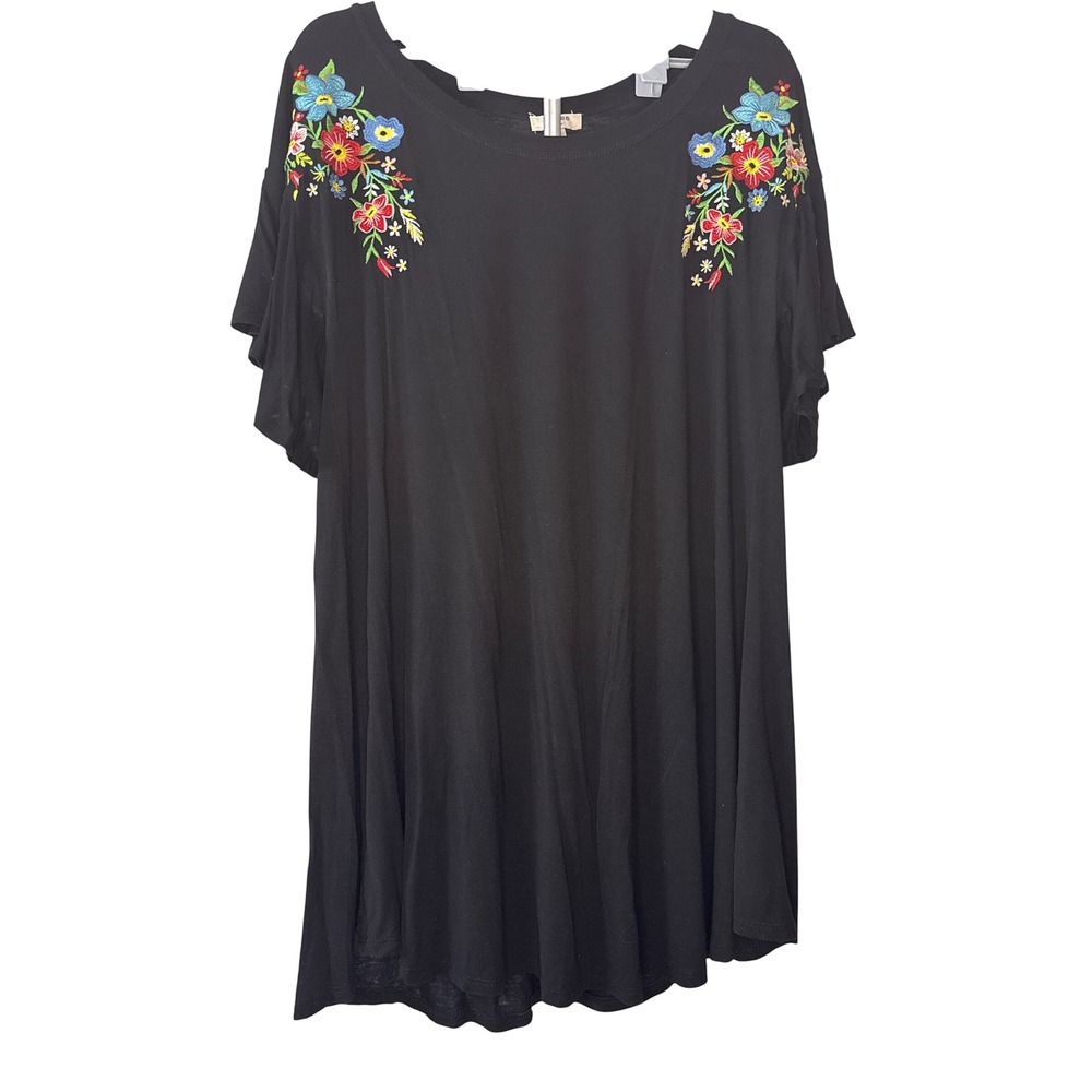 Umgee USA Black Floral Embroidered Ruffle Sleeve Tunic Top L5011 Mens M